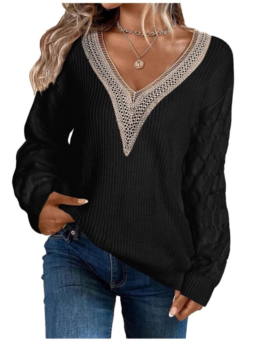 EVALESS Long Sleeve Sweater Trendy Sexy Lace V Neck Knit Drop Shoulder